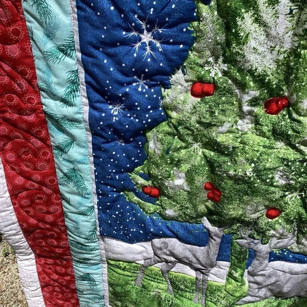NWT. Christmas Forest Tree with Deer Lap Quilt Hand Crafted